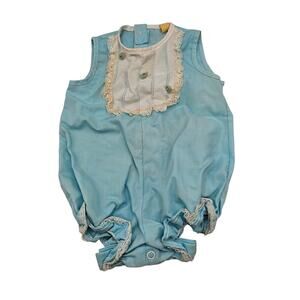 Vintage 1980s Unisex Baby Sz 6M Bubble Romper Light Blue Smocked Neck Cotton